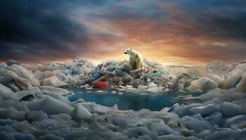 generativo ai illustrazione di solitario bianca orso su iceberg, circondato di spazzatura e plastica bottiglie galleggiante su acqua foto