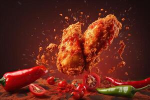 generativo ai illustrazione di rosso chili Pepe spruzzi con fritte pollo su solido colore sfondo foto