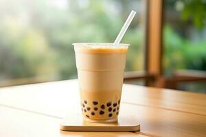 generativo ai illustrazione di Taiwan boba latte tè con bolla su legna tavolo foto