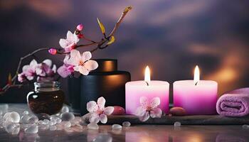 generativo ai illustrazione di zen rilassamento spa. bellezza salone e massaggio atmosfera. bandiera con sakura ciliegia fiori, candele e impilati pietre. calma e rilassante atmosfera foto