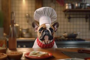 divertente Immagine di un' francese bulldog nel un' capocuoco costume, in mostra culinario umorismo nel il cucina ambientazione. copia spazio Perfetto per legati al cibo progetti e a tema intrattenimento disegni, ai generativo foto