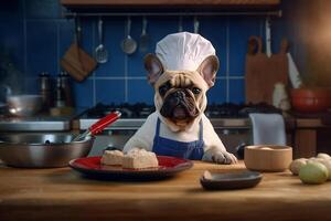 divertente Immagine di un' francese bulldog nel un' capocuoco costume, in mostra culinario umorismo nel il cucina ambientazione. copia spazio Perfetto per legati al cibo progetti e a tema intrattenimento disegni, ai generativo foto