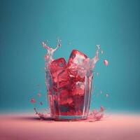 frutta o bacca succo spruzzo nel bicchiere con ghiaccio cubi. estate rinfrescante bere. piazza Immagine, rosa e blu sfondo. ai generato foto