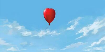 luminosa rosso cuore sagomato Palloncino nel il blu cielo con bianca nuvole. ai generato foto