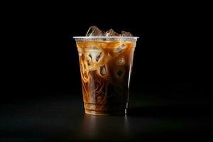 ghiacciato caffè nel plastica porta via bicchiere isolato su buio sfondo. ai generato foto