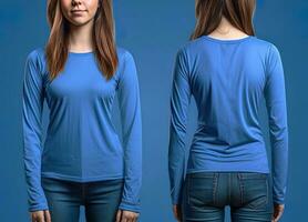 donna indossare un' blu maglietta con lungo maniche. davanti e indietro Visualizza. ai generato foto