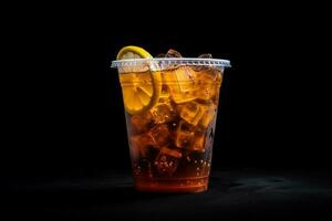 ghiacciato Limone tè su plastica porta via bicchiere isolato su buio sfondo. ai generato foto