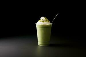 verde tè frappucino con frustato crema nel un' porta via tazza isolato su buio sfondo. ai generato foto