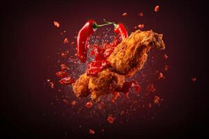 generativo ai illustrazione di rosso chili Pepe spruzzi con fritte pollo su solido colore sfondo foto