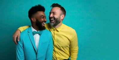 generativo ai illustrazione di sorridente coppia gay, lgbt concetto, positivo e gioioso. foto