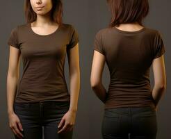 foto realistico femmina Marrone magliette con copia spazio, davanti, e indietro Visualizza. ai generato