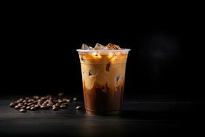 ghiacciato caffè nel plastica porta via bicchiere isolato su buio sfondo. ai generato foto