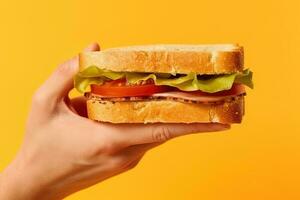 mano Tenere gustoso Sandwich su un' giallo sfondo. ai generato foto