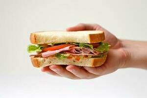 mano Tenere gustoso Sandwich su un' bianca sfondo. ai generato foto