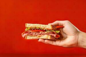 mano Tenere gustoso Sandwich su un' rosso sfondo. ai generato foto