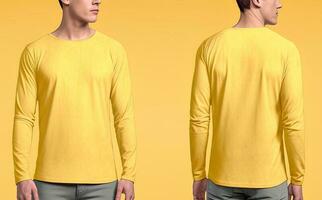uomo indossare un' giallo maglietta con lungo maniche. davanti e indietro Visualizza. ai generato foto