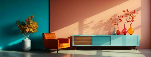 moderno vivente camera. creativo esplorazione di colorato minimalismo nel elegante interni. generativo ai, foto