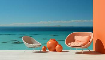 rilassante vacanza - poltrona su il spiaggia con mare Visualizza. generativo ai, foto