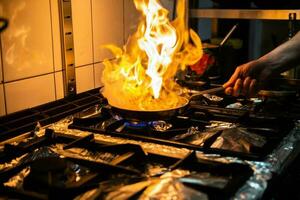 cucinando con fuoco nel il ristorante cucina. foto