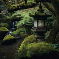giapponese zen giardino, il Immagine include un' cascata fluente nel il sfondo con muschio coperto lanterna in piedi nel il primo piano, generativo ai foto
