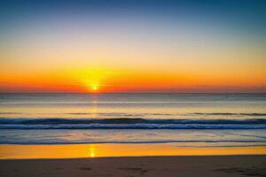 avvicinamento mare sabbia spiaggia paesaggio con tramonto cielo. generativo ai foto