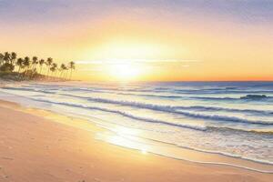 avvicinamento mare sabbia spiaggia paesaggio con tramonto cielo. olio la pittura, generativo ai foto