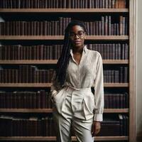 bellissimo africano americano nero donna con biblioteca nel sfondo, generativo ai foto