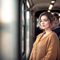 bellissimo donna in piedi dentro pubblico autobus trasporto, generativo ai foto