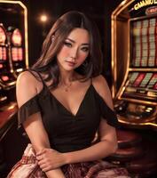 bella giovane asiatico donna a gioco d'azzardo casinò sala, generativo ai foto