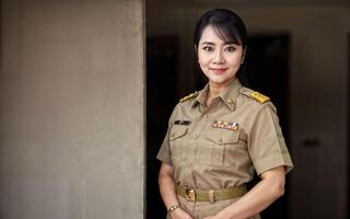 foto di mezzo anziano asiatico donna nel tailandese insegnante uniforme, generativo ai