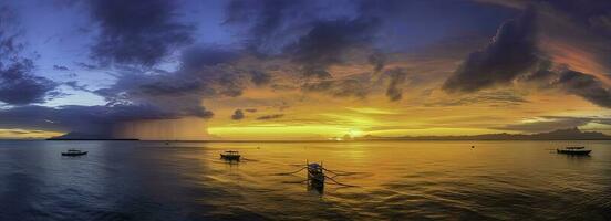 paesaggio marino con Barche a tramonto - generativo ai foto