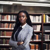 bellissimo africano americano nero donna con biblioteca nel sfondo, generativo ai foto