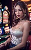 bellissimo asiatico donna con lusso vestito nel mille dollari casinò gioco d'azzardo, generativo ai foto