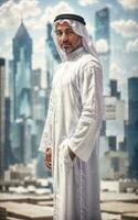 ricco arabo uomo d'affari nel tradizionale bianca attrezzatura nel grande città nel sfondo, generativo ai foto