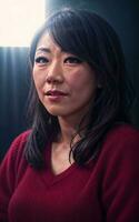 ritratto foto di bellissimo mezzo anziano asiatico donna nel buio camera con leggero nel sfondo, generativo ai