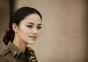 foto di asiatico donna nel tailandese polizia ufficiale uniforme, generativo ai