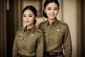 foto di asiatico donna nel tailandese polizia ufficiale uniforme, generativo ai