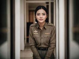 foto di asiatico donna nel tailandese polizia ufficiale uniforme, generativo ai