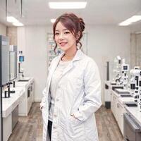 foto di asiatico donna nel bianca laboratorio cappotto a moderno laboratorio, generativo ai