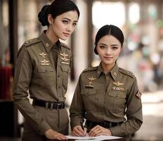 foto di asiatico donna nel tailandese polizia ufficiale uniforme, generativo ai