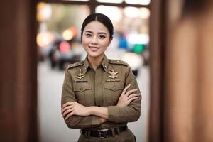 foto di asiatico donna nel tailandese polizia ufficiale uniforme, generativo ai