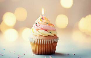 ai generativo. compleanno Cupcake con candela, leggero pastello sfondo foto