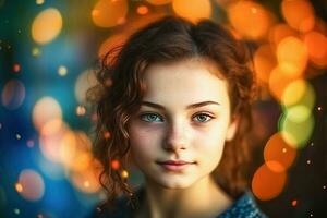 ai generativo. ritratto di un' bellissimo ragazza su un' sfondo con bokeh foto