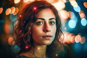 ai generativo. ritratto di un' bellissimo ragazza su un' sfondo con bokeh foto