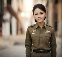 foto di asiatico donna nel tailandese polizia ufficiale uniforme, generativo ai