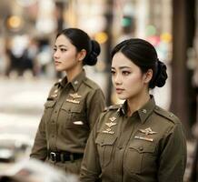 foto di asiatico donna nel tailandese polizia ufficiale uniforme, generativo ai