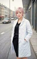 foto di asiatico donna nel bianca laboratorio cappotto a moderno laboratorio, generativo ai