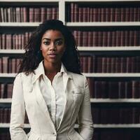 bellissimo africano americano nero donna con biblioteca nel sfondo, generativo ai foto