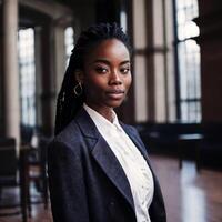 bellissimo africano americano nero donna con biblioteca nel sfondo, generativo ai foto