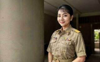 foto di mezzo anziano asiatico donna nel tailandese insegnante uniforme, generativo ai